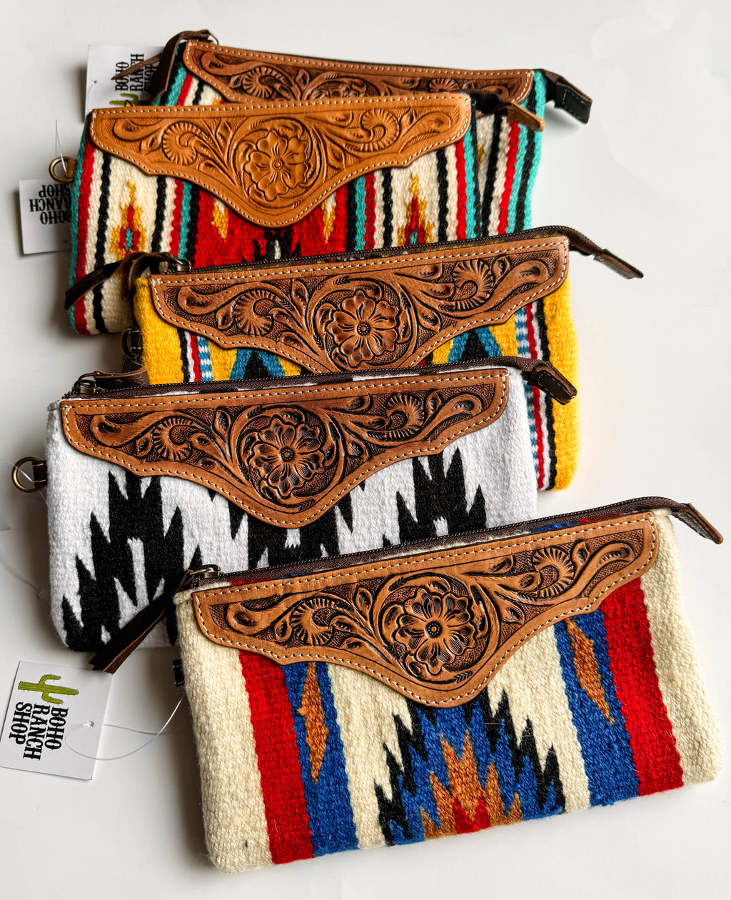 Western Aztec Fabric Tooled Leather Wristlet Purse Bag: 1