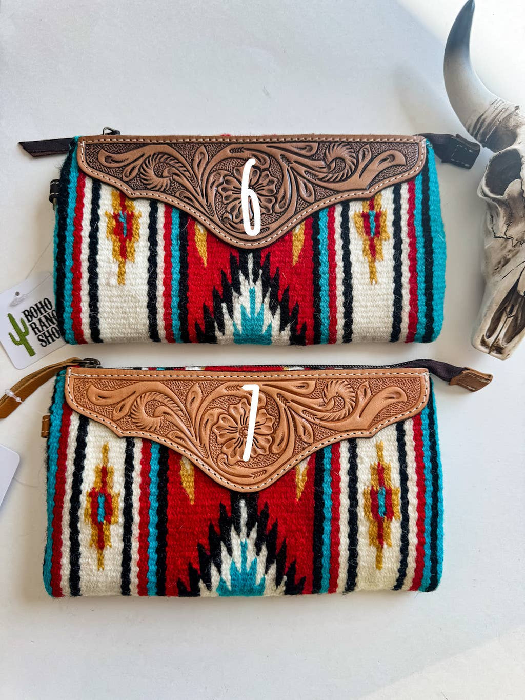 Western Aztec Fabric Tooled Leather Wristlet Purse Bag: 2