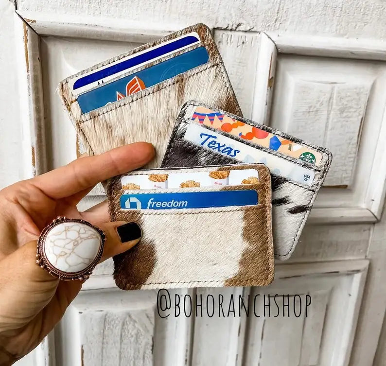 Western Cowhide Credit Card Holder - Money holder: 3 - DARK BROWN + TURQUOISE SPECS