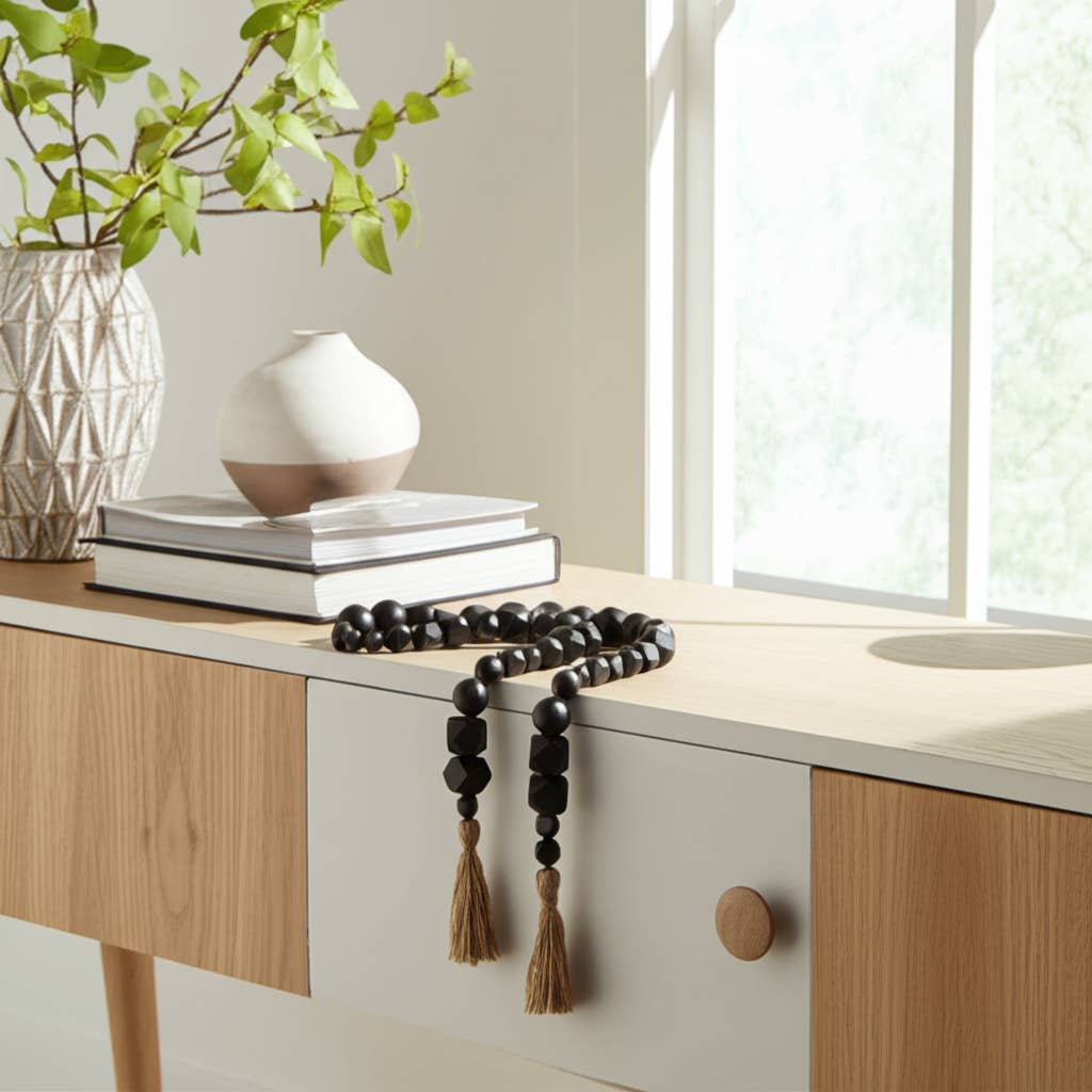 Bead Garland - Black Wood Hexagon and Round, 84 in.