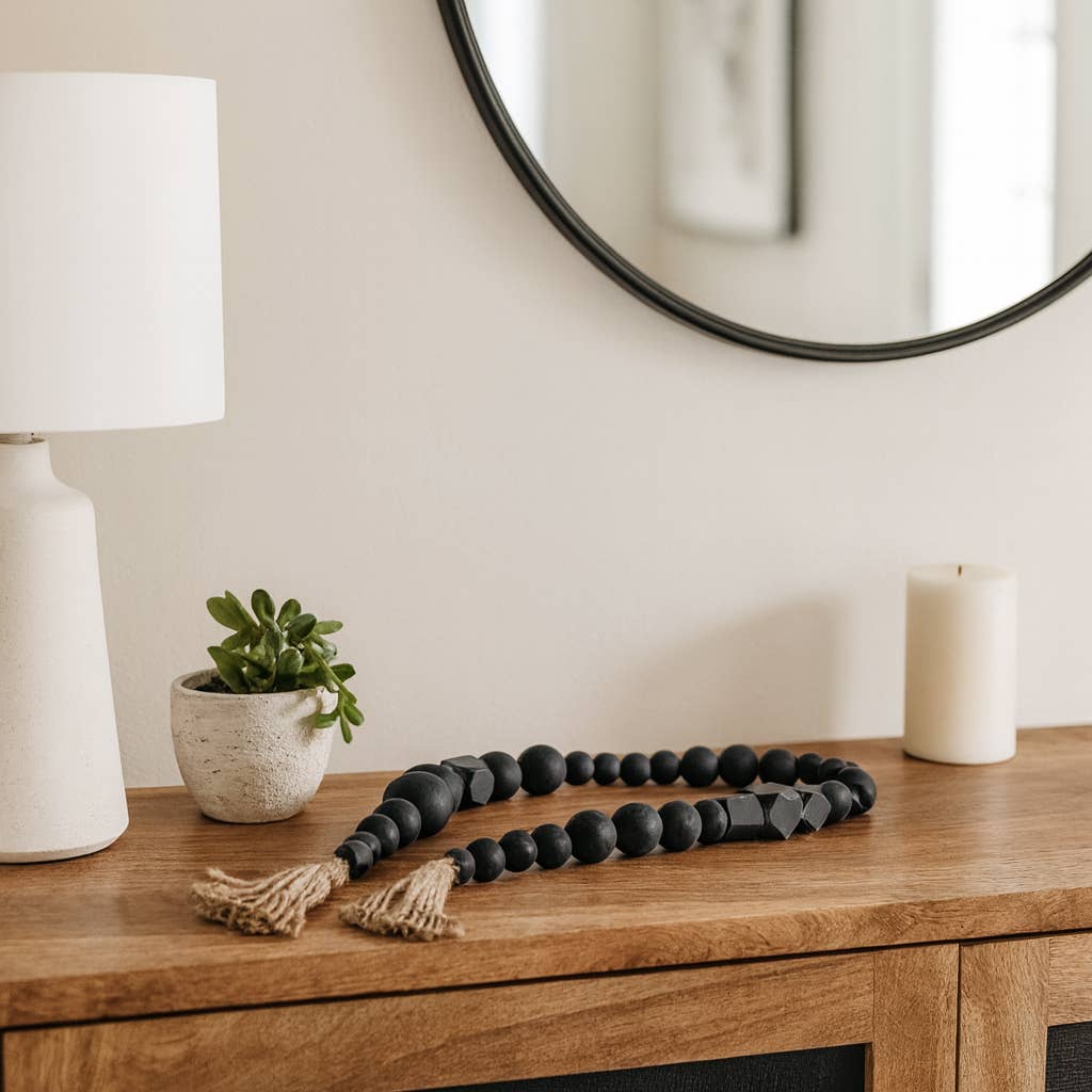 Bead Garland - Black Wood Hexagon and Round, 84 in.