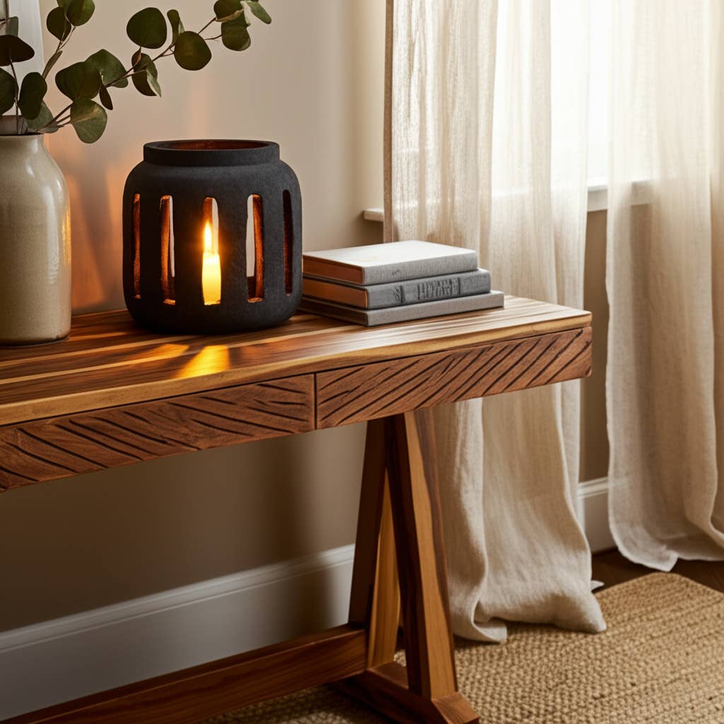 Terracotta Round Open Slat Hurricane Lantern - Black, 10 in.