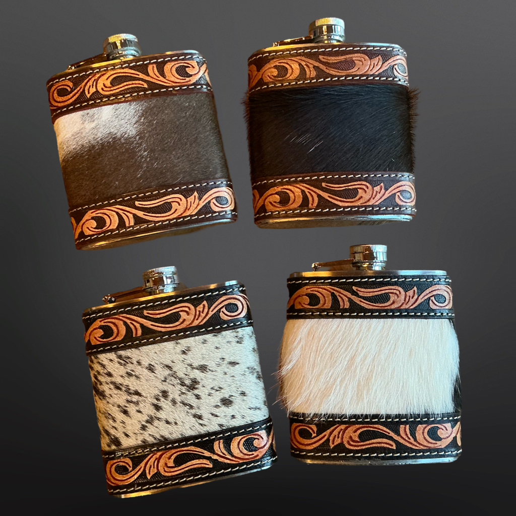 Cowhide Tooled Leather Western Flask