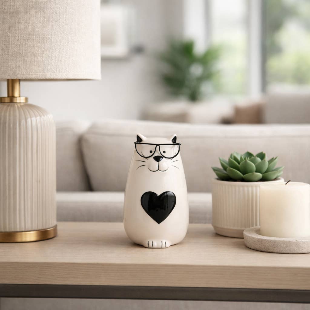 Figurine - White Ceramic Tummy Kitty with Glasses, 6 in.