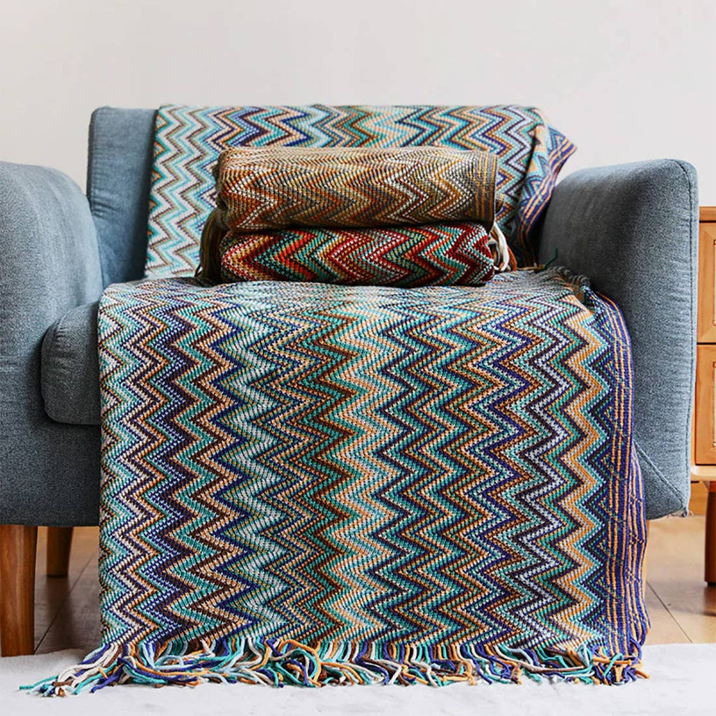 Zigzag Soft Boho Throw Blanket with Tassels: Blue