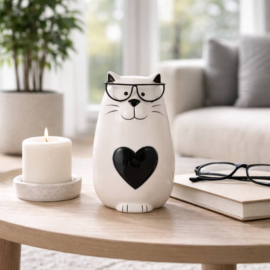 Figurine - White Ceramic Tummy Kitty with Glasses, 6 in.
