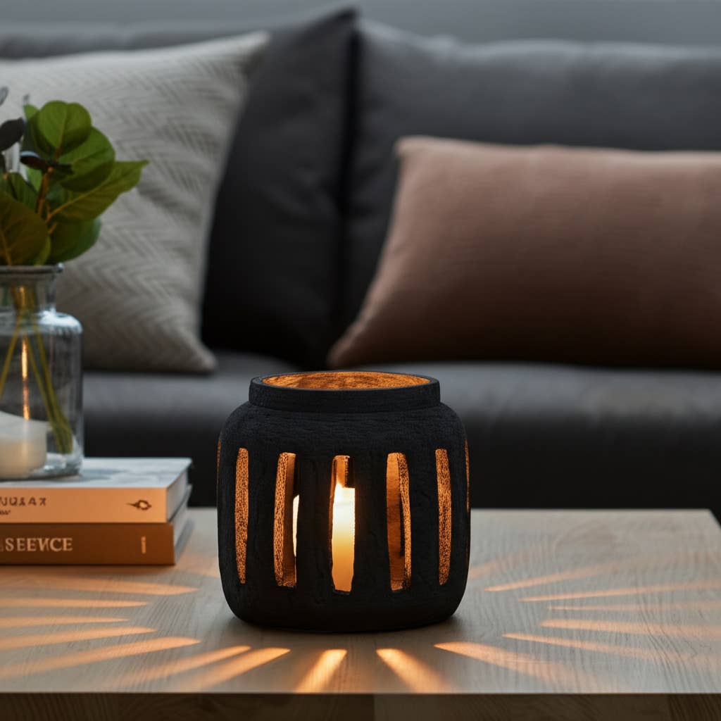 Terracotta Round Open Slat Hurricane Lantern - Black, 10 in.