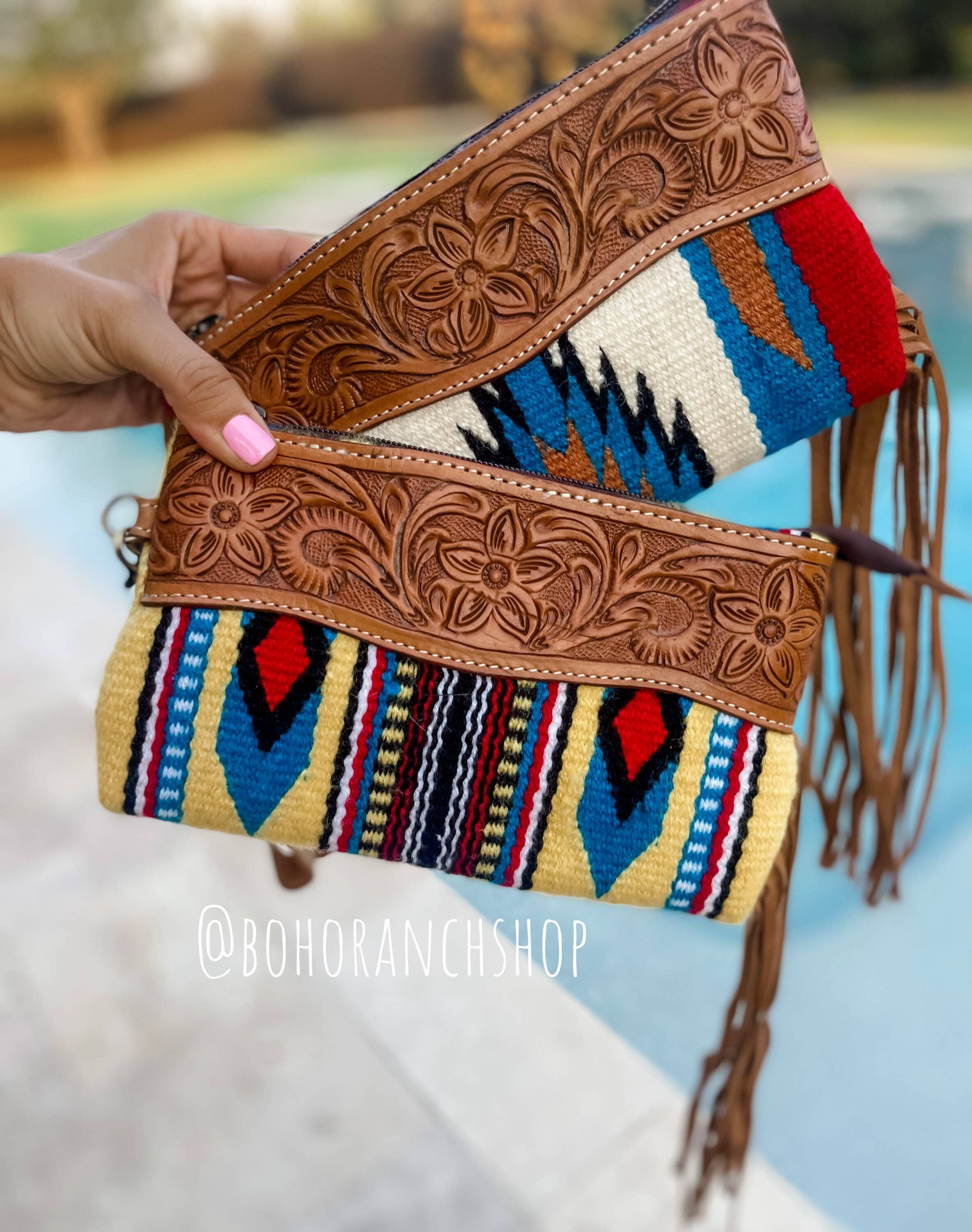 Western Aztec Tooled Leather Tassel Wristlet Purse: 5