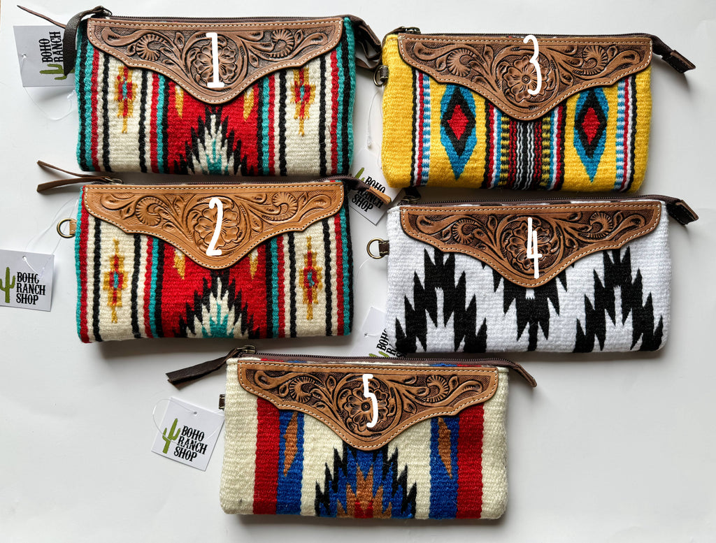 Western Aztec Fabric Tooled Leather Wristlet Purse Bag: 1