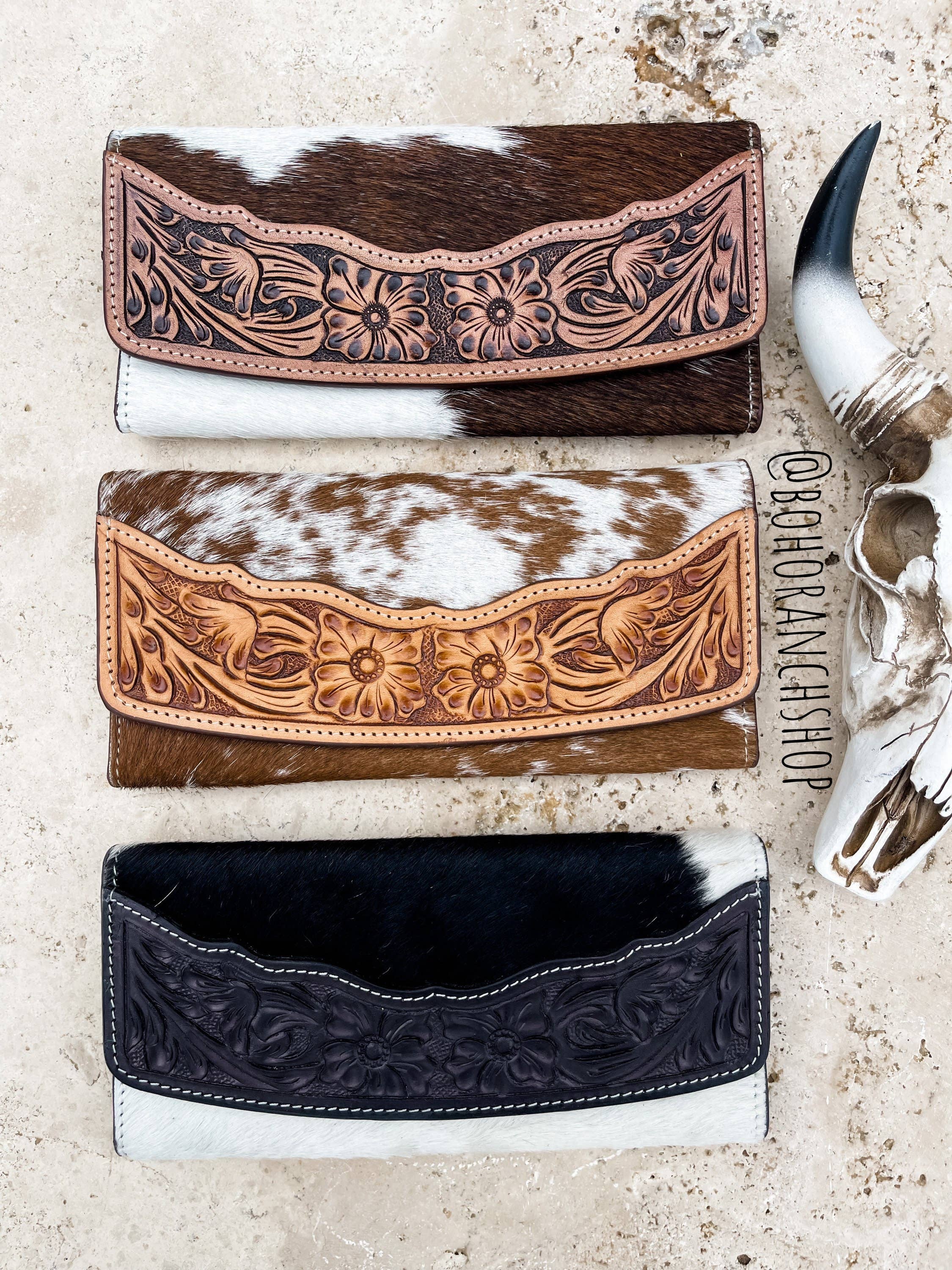 Tooled Leather Wallet Western Genuine Hand Tooled: TAN + WHITE COWHIDE