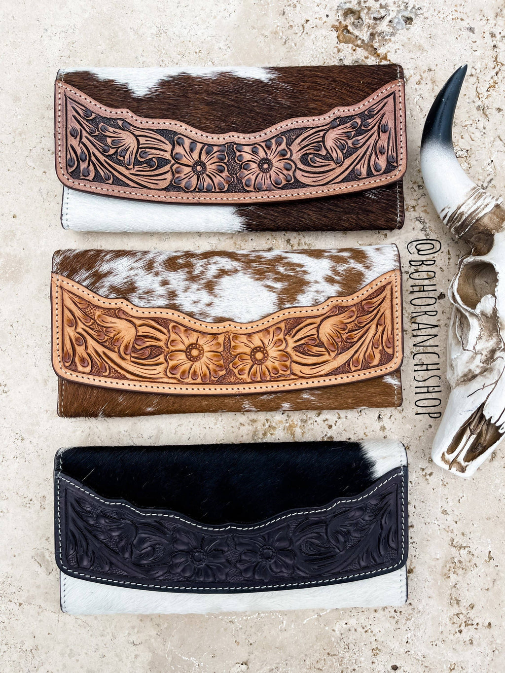 Tooled Leather Wallet Western Genuine Hand Tooled: BROWN + WHITE COWHIDE