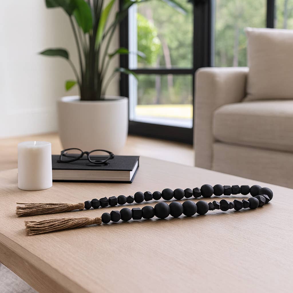 Bead Garland - Black Wood Hexagon and Round, 84 in.