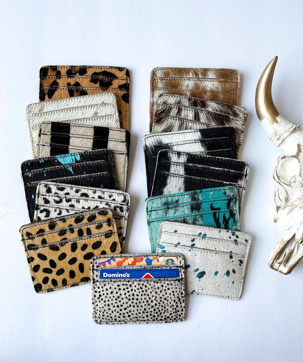 Western Cowhide Credit Card Holder - Money holder: 3 - DARK BROWN + TURQUOISE SPECS