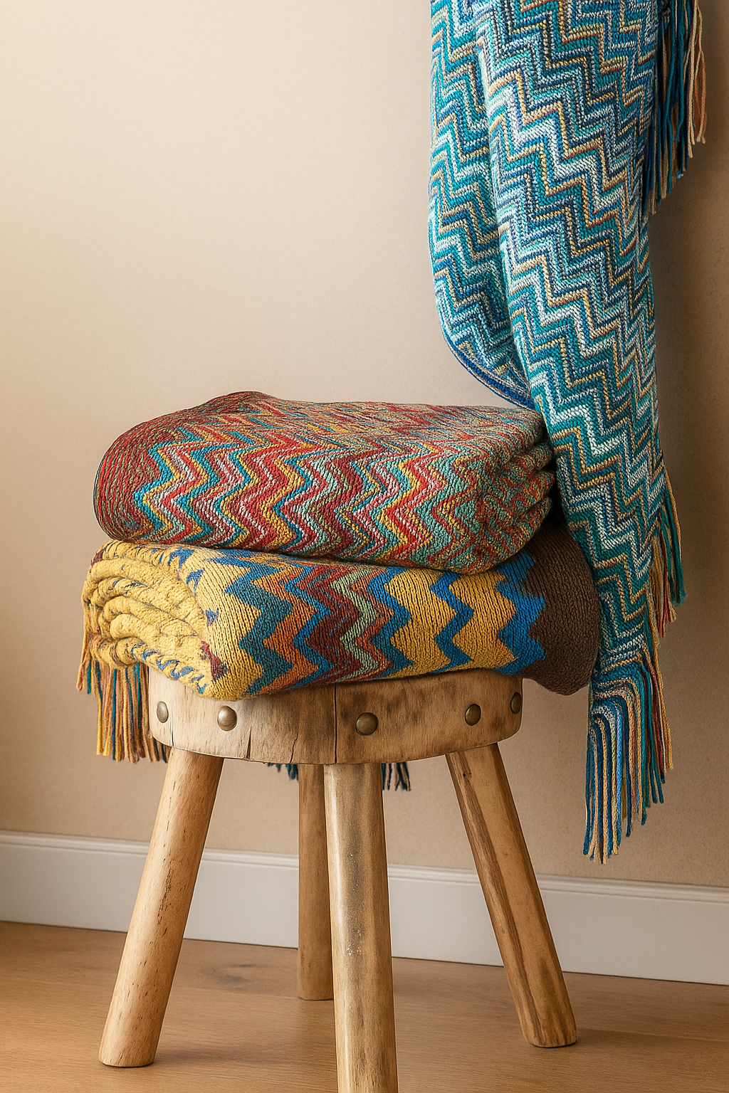 Zigzag Soft Boho Throw Blanket with Tassels: Blue