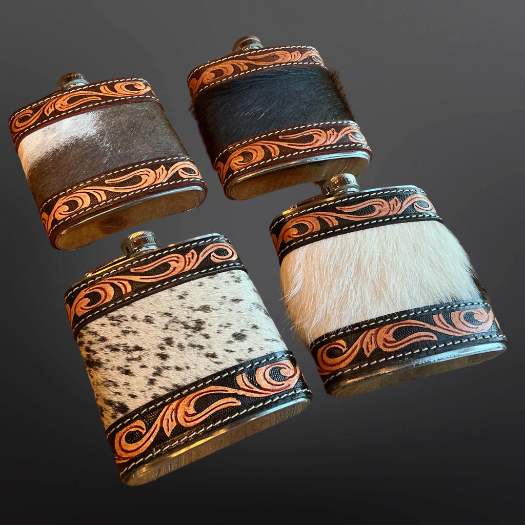 Cowhide Tooled Leather Western Flask