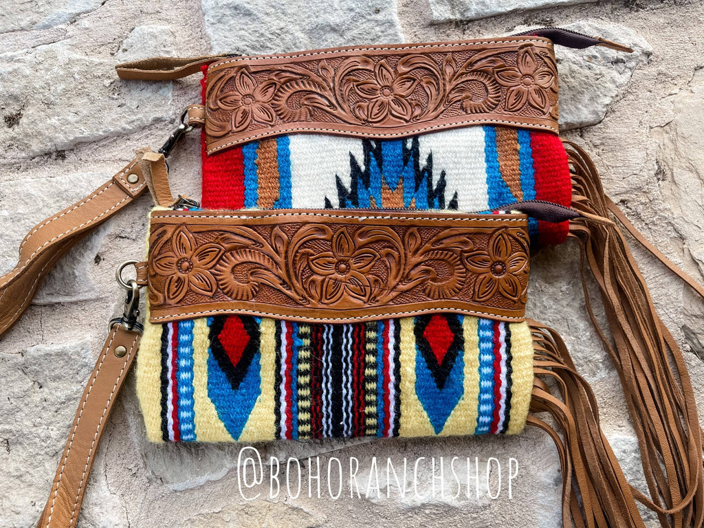Western Aztec Tooled Leather Tassel Wristlet Purse: 4