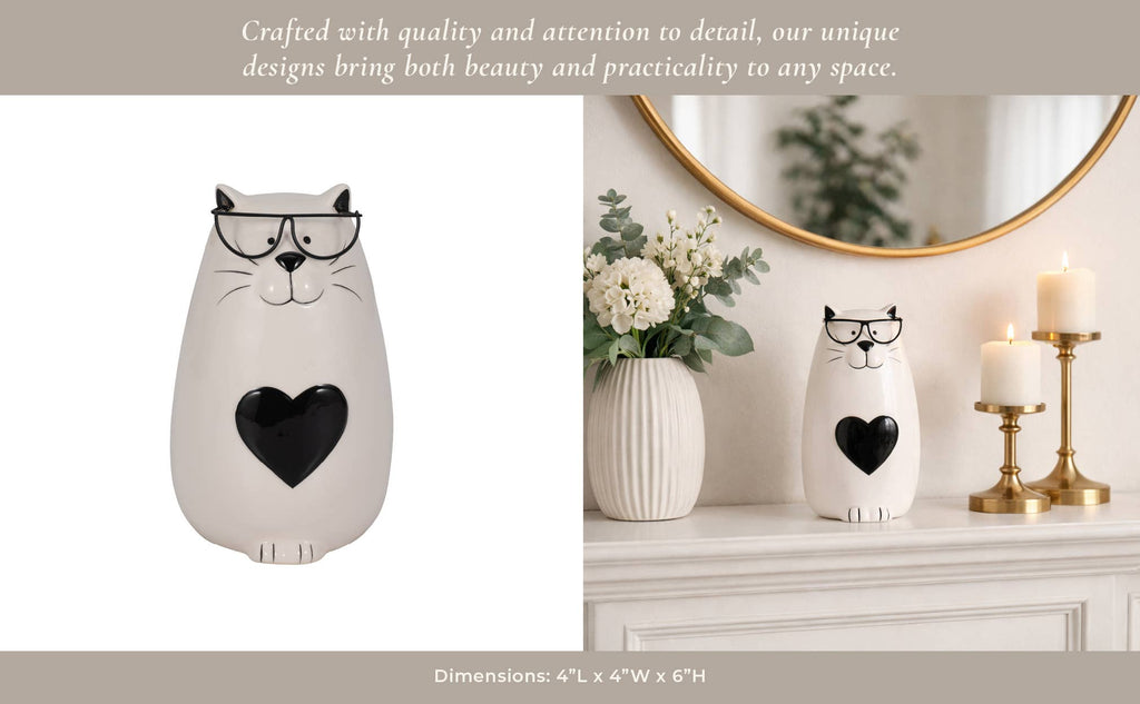 Figurine - White Ceramic Tummy Kitty with Glasses, 6 in.