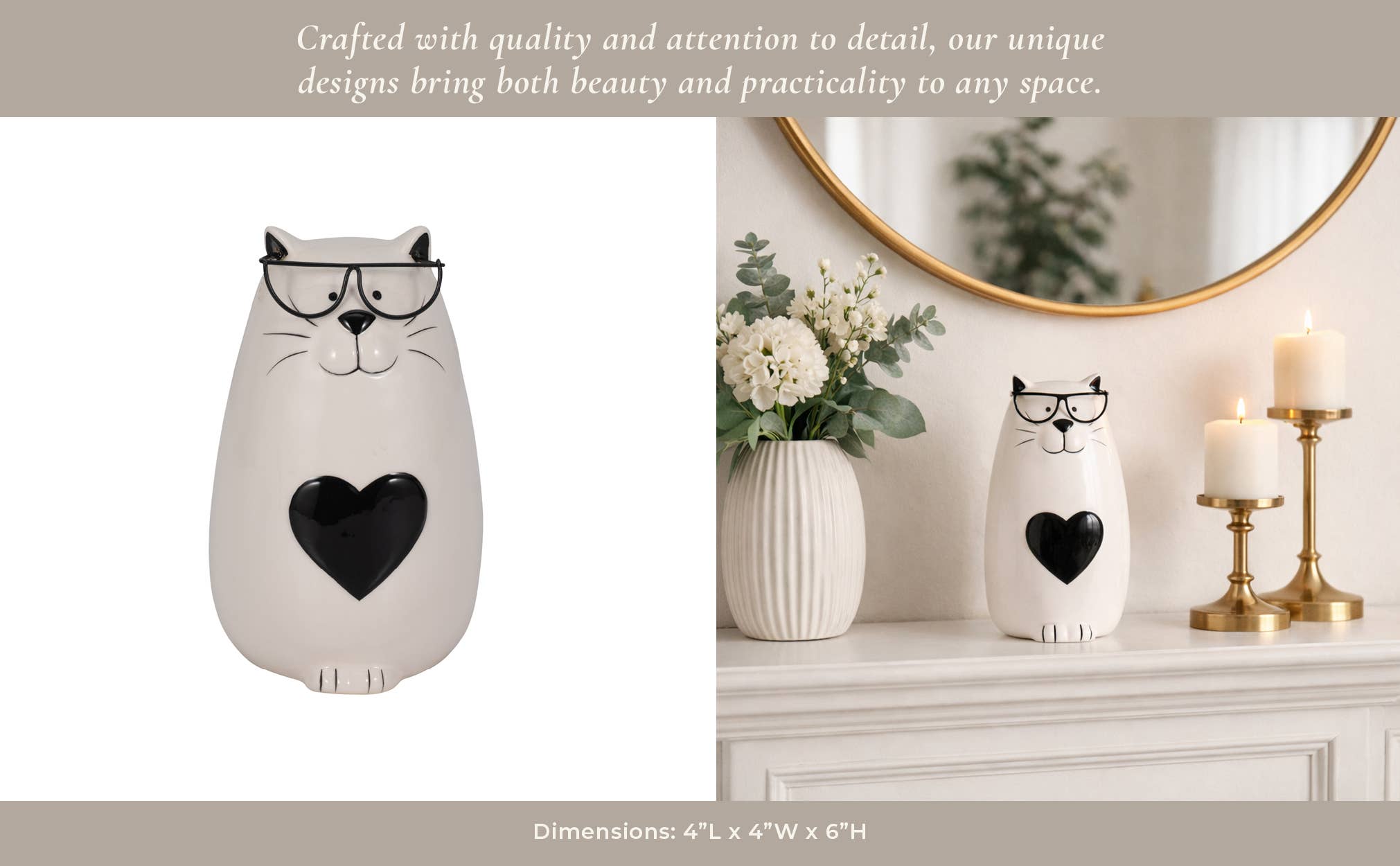 Figurine - White Ceramic Tummy Kitty with Glasses, 6 in.