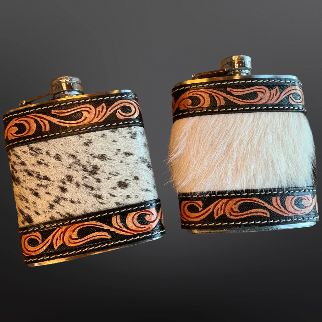 Cowhide Tooled Leather Western Flask
