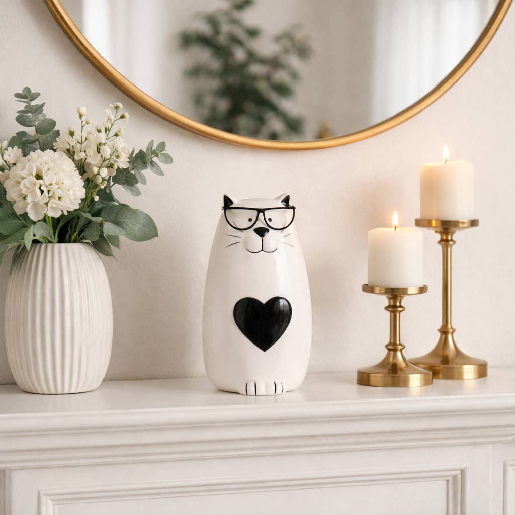 Figurine - White Ceramic Tummy Kitty with Glasses, 6 in.