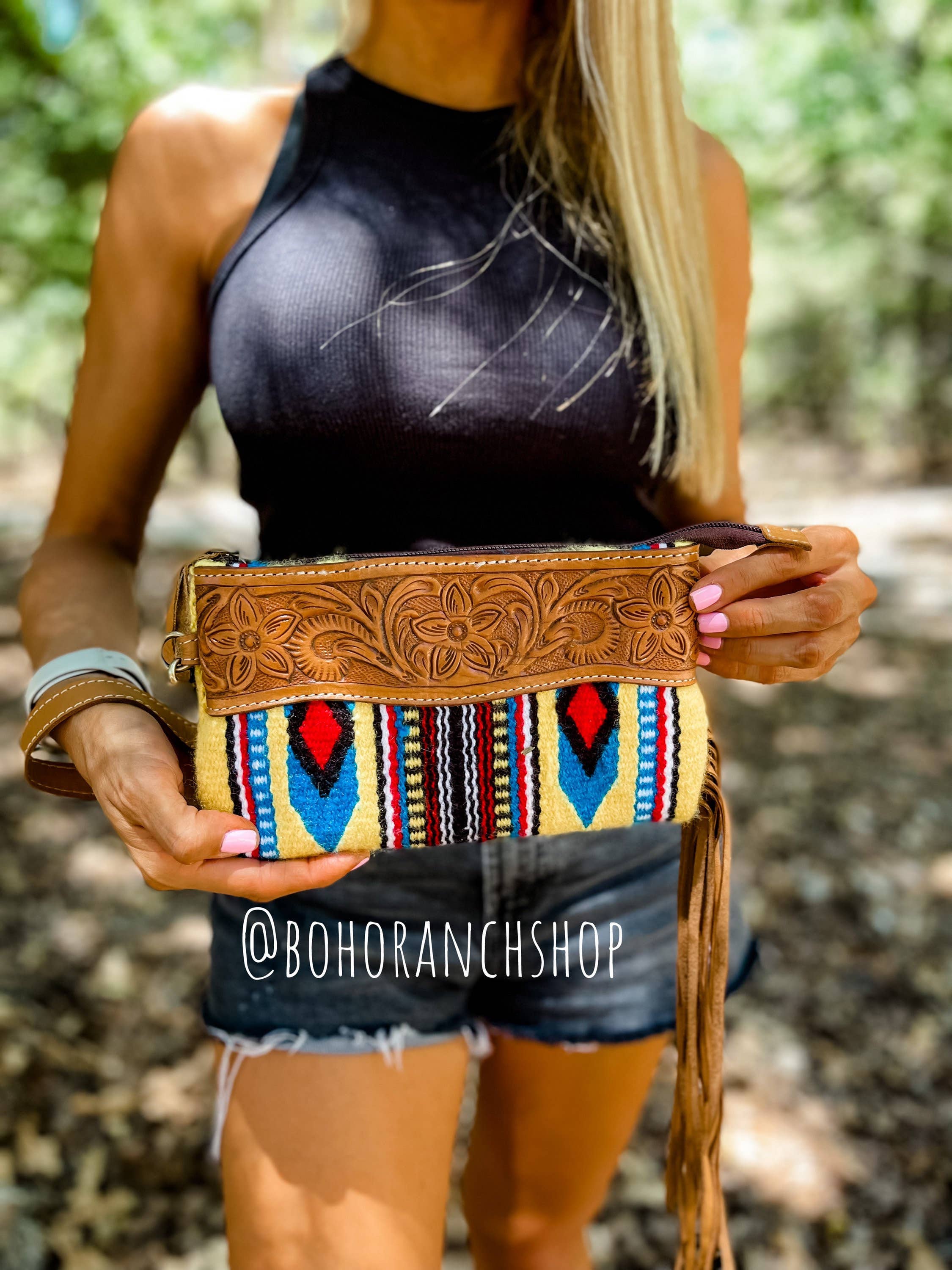 Western Aztec Tooled Leather Tassel Wristlet Purse: 4