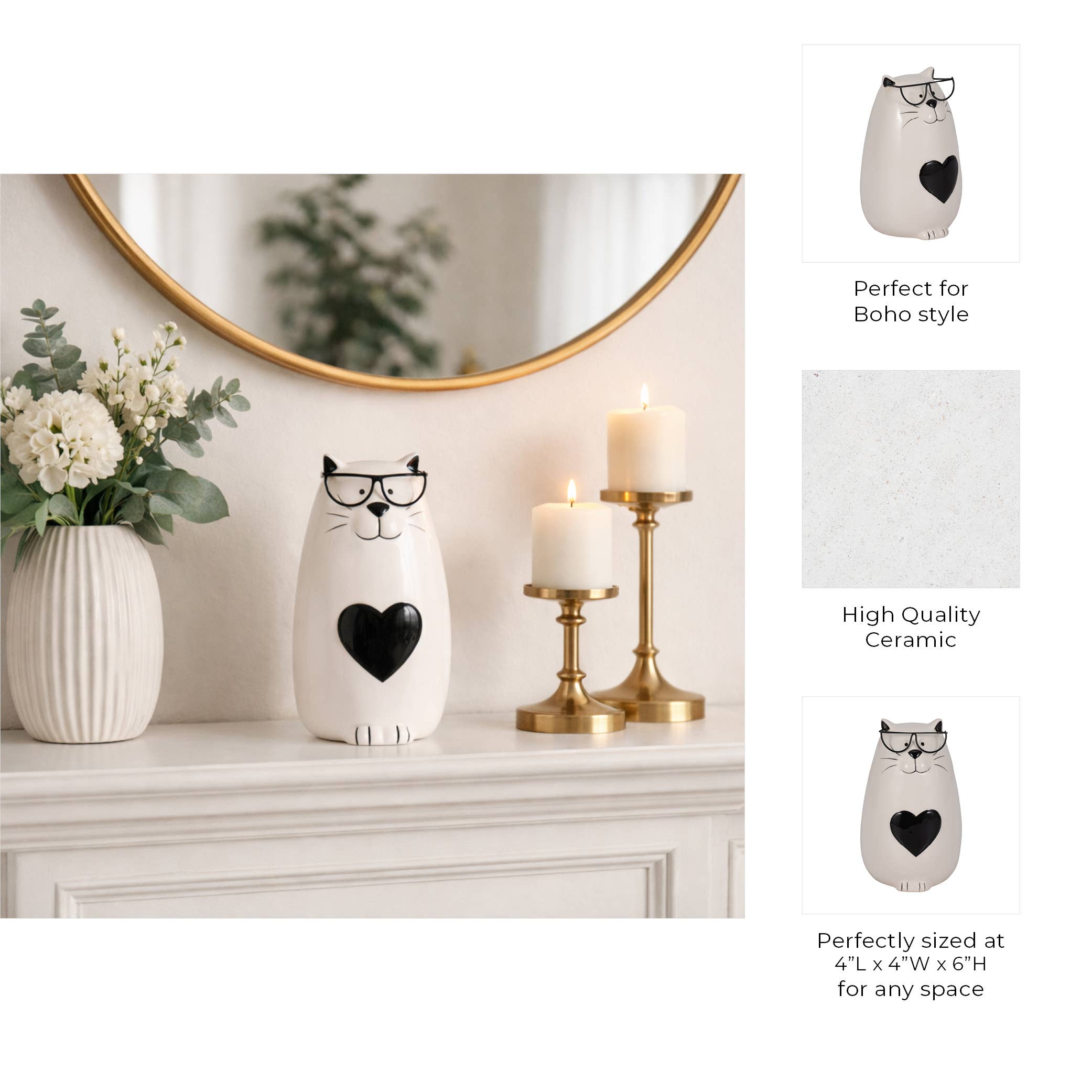 Figurine - White Ceramic Tummy Kitty with Glasses, 6 in.