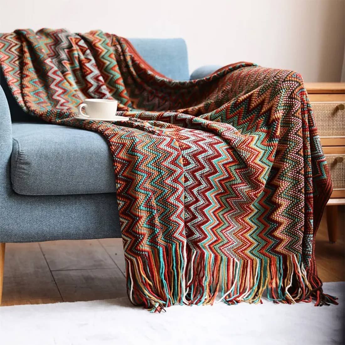 Zigzag Soft Boho Throw Blanket with Tassels: Blue