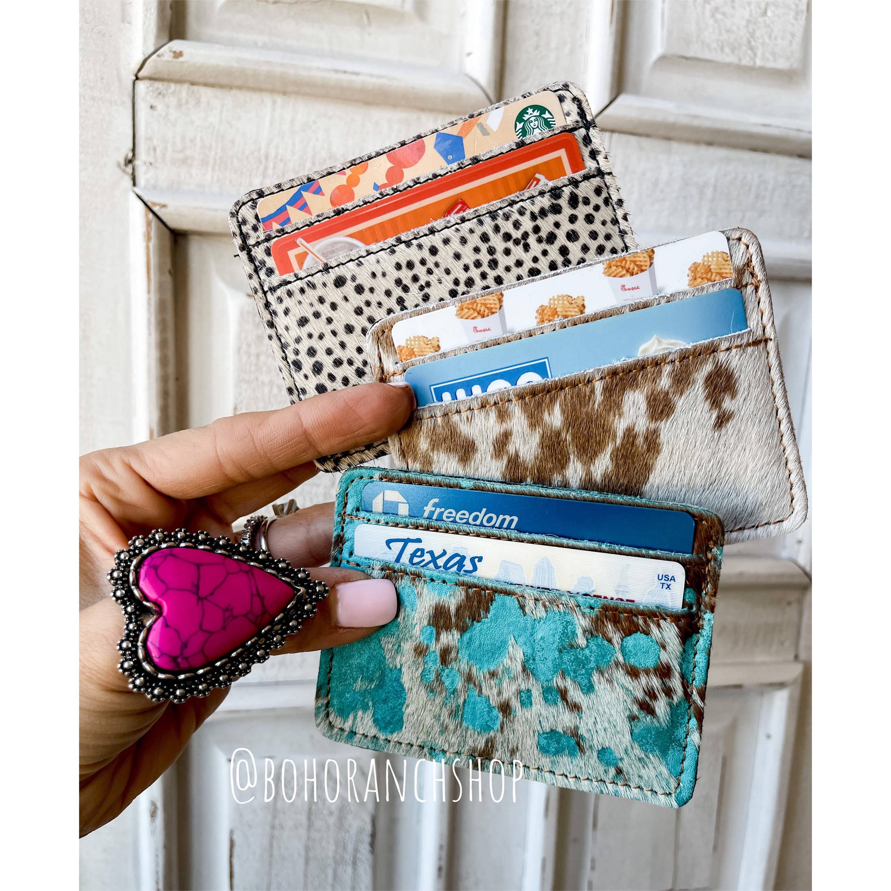 Western Cowhide Credit Card Holder - Money holder: 3 - DARK BROWN + TURQUOISE SPECS