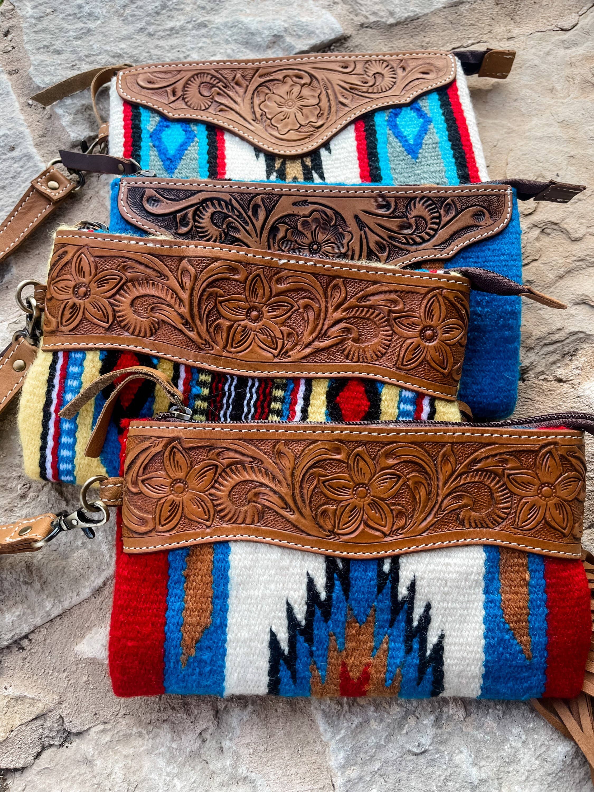 Western Aztec Fabric Tooled Leather Wristlet Purse Bag: 3