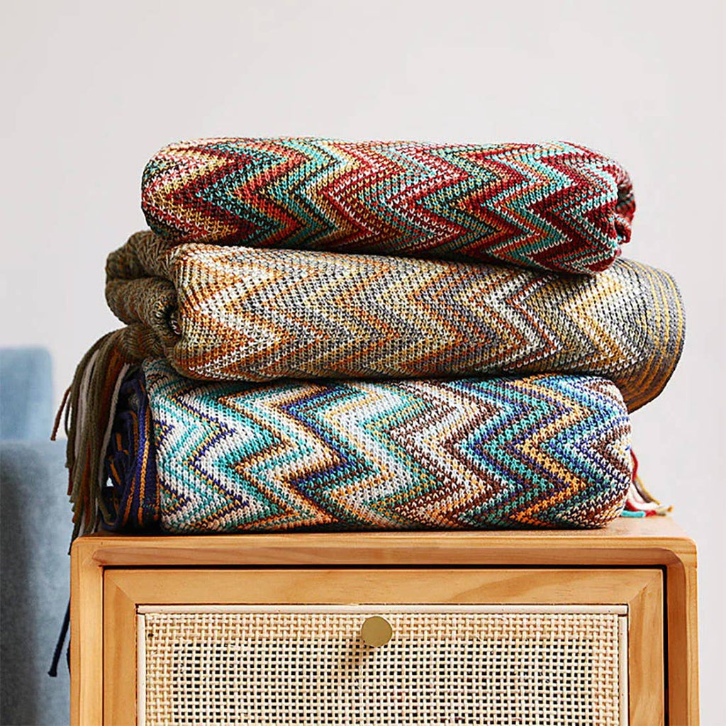 Zigzag Soft Boho Throw Blanket with Tassels: Blue
