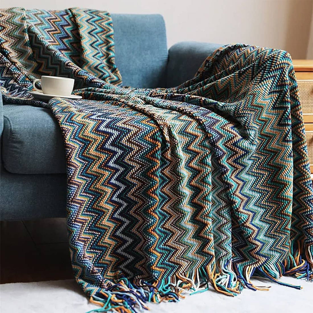 Zigzag Soft Boho Throw Blanket with Tassels: Blue