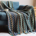 Zigzag Soft Boho Throw Blanket with Tassels: Blue