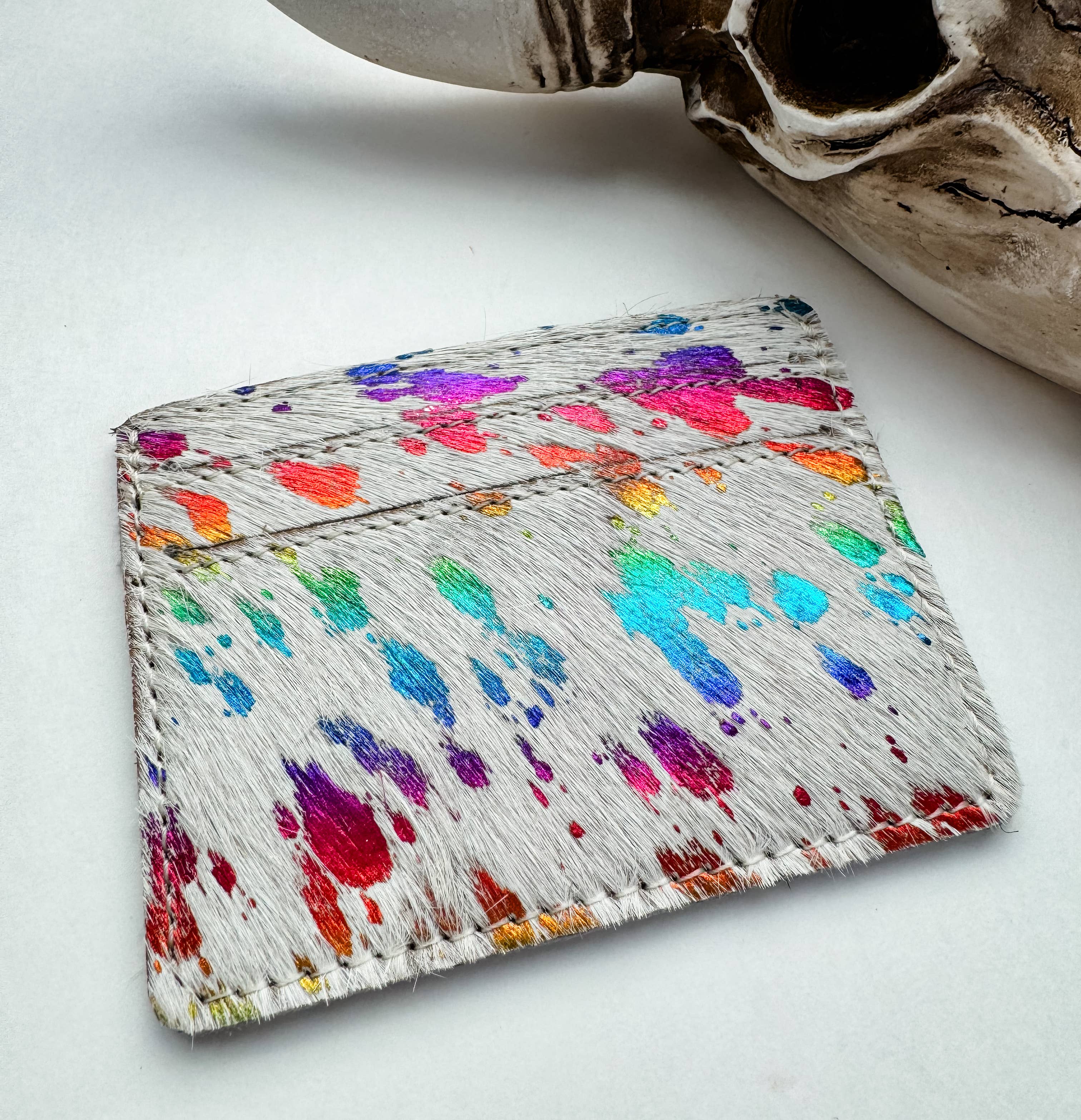 Western Cowhide Credit Card Holder - Money holder: 3 - DARK BROWN + TURQUOISE SPECS