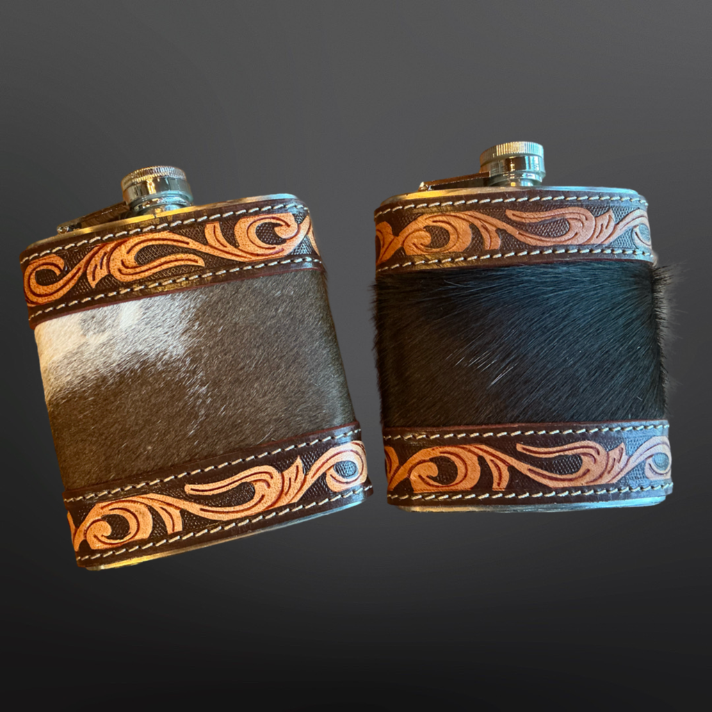 Cowhide Tooled Leather Western Flask