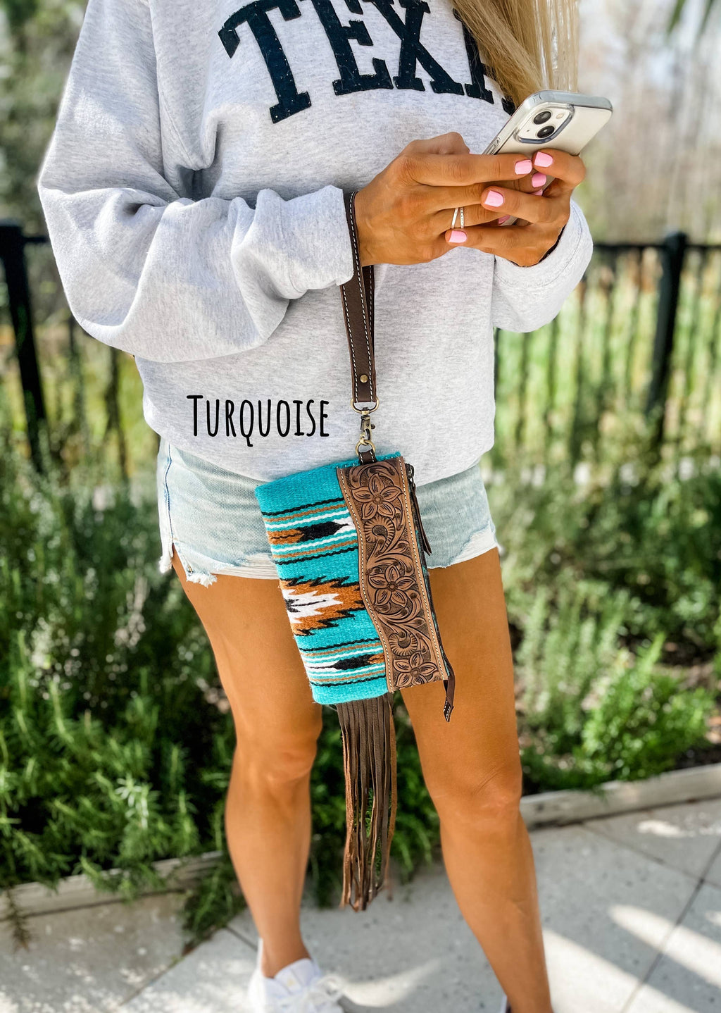 Western Aztec Tooled Leather Tassel Wristlet Purse: 5