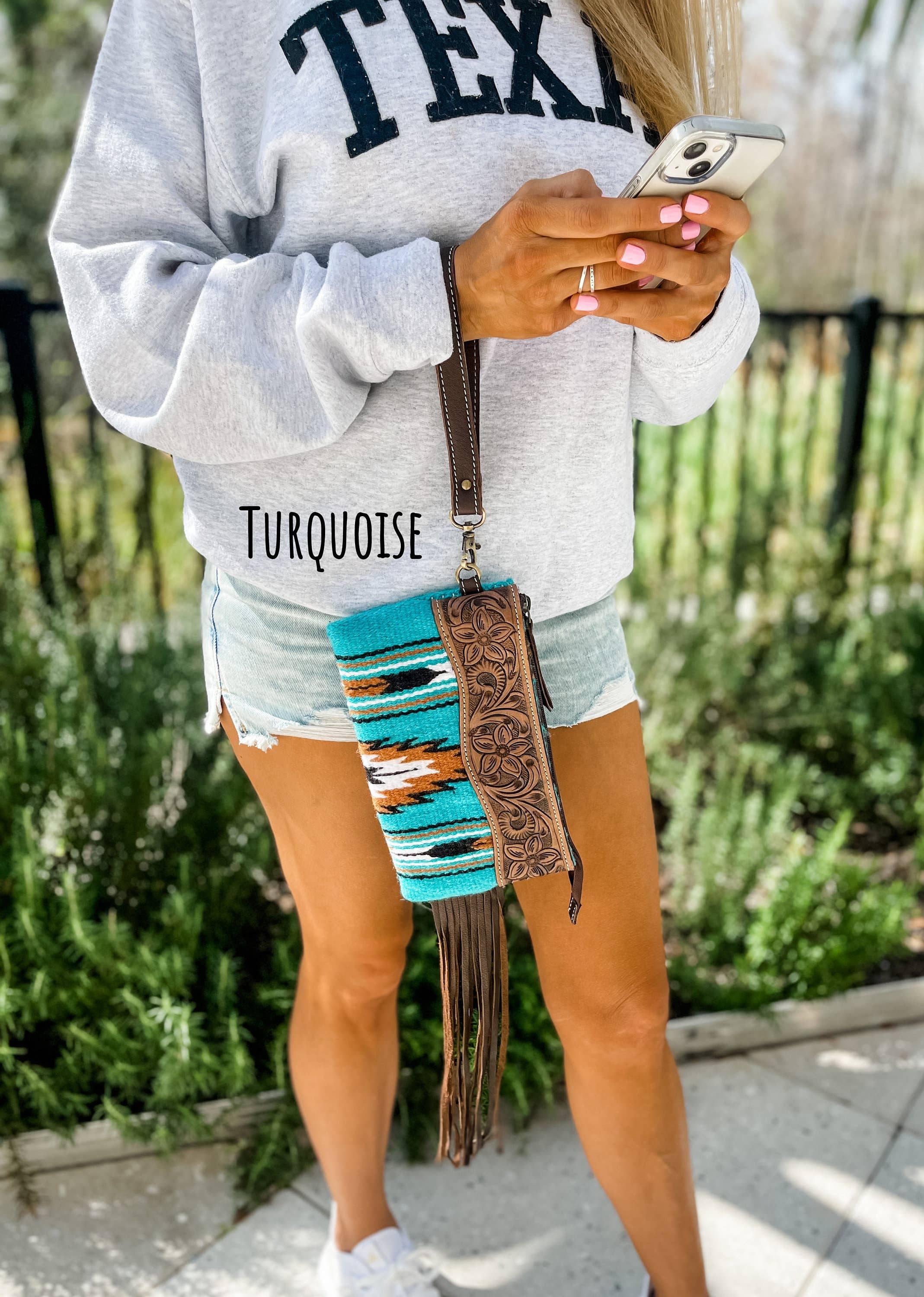 Western Aztec Tooled Leather Tassel Wristlet Purse: 5