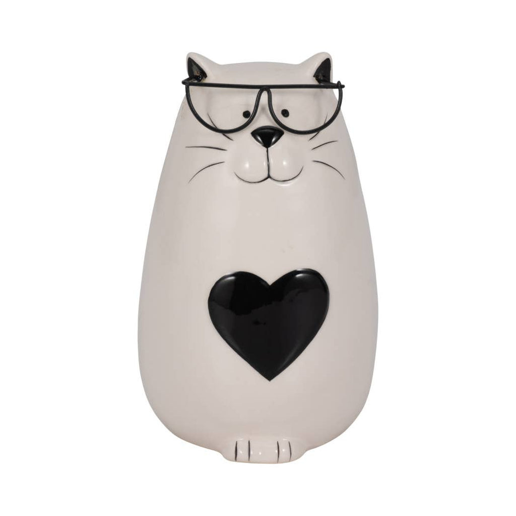 Figurine - White Ceramic Tummy Kitty with Glasses, 6 in.