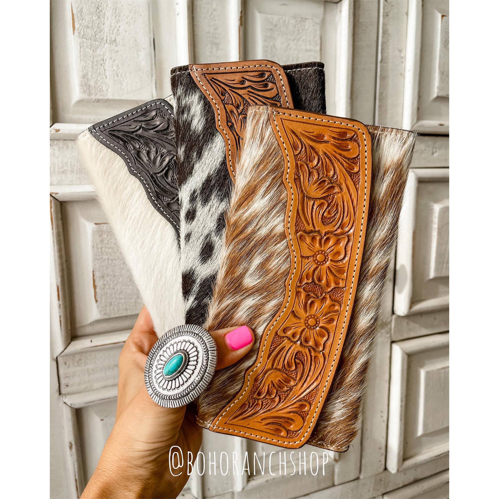 Tooled Leather Wallet Western Genuine Hand Tooled: TAN + WHITE COWHIDE