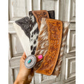 Tooled Leather Wallet Western Genuine Hand Tooled: TAN + WHITE COWHIDE