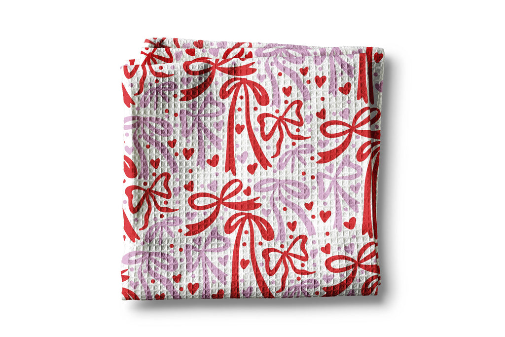 Valentine Heart Bows Galentine Kitchen Towel Waffle Baking
