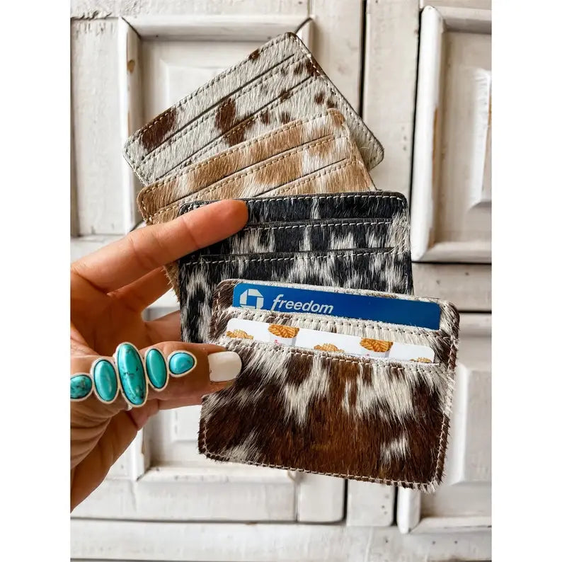 Western Cowhide Credit Card Holder - Money holder: 3 - DARK BROWN + TURQUOISE SPECS