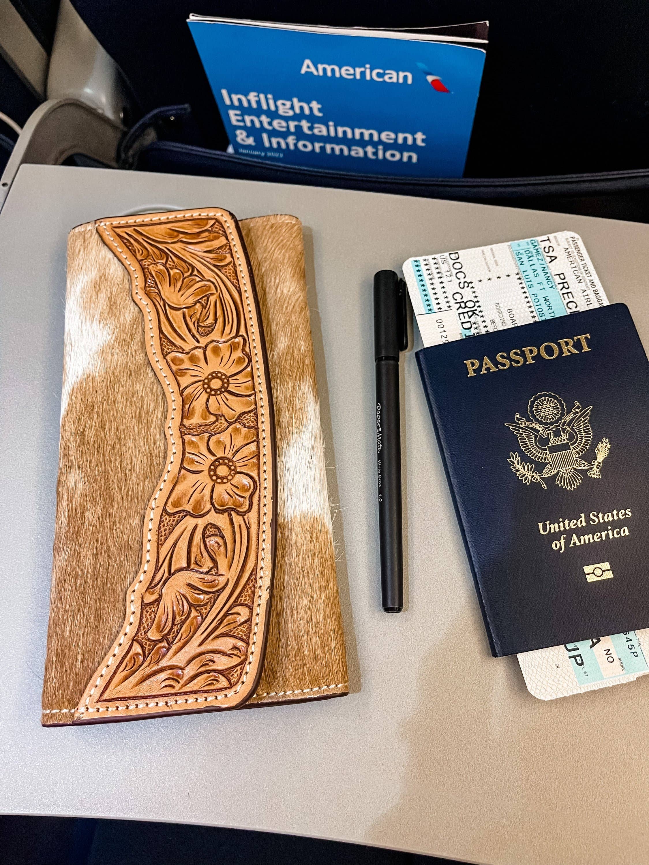Tooled Leather Wallet Western Genuine Hand Tooled: BROWN + WHITE COWHIDE