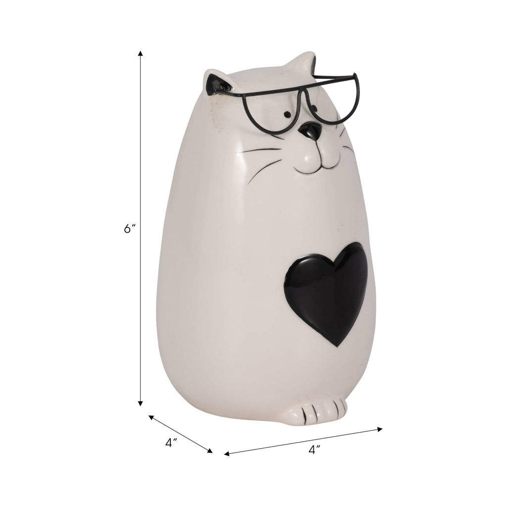 Figurine - White Ceramic Tummy Kitty with Glasses, 6 in.