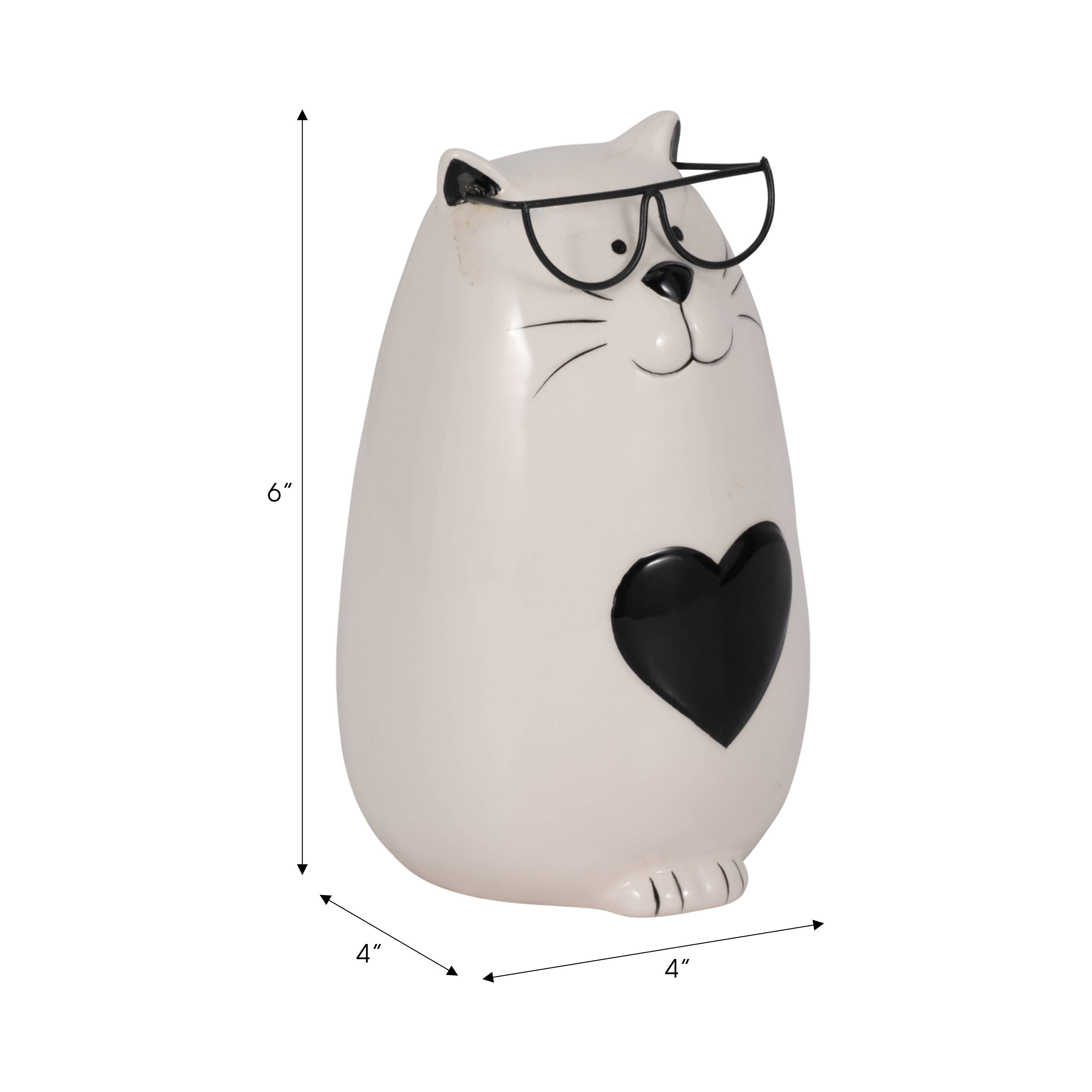 Figurine - White Ceramic Tummy Kitty with Glasses, 6 in.