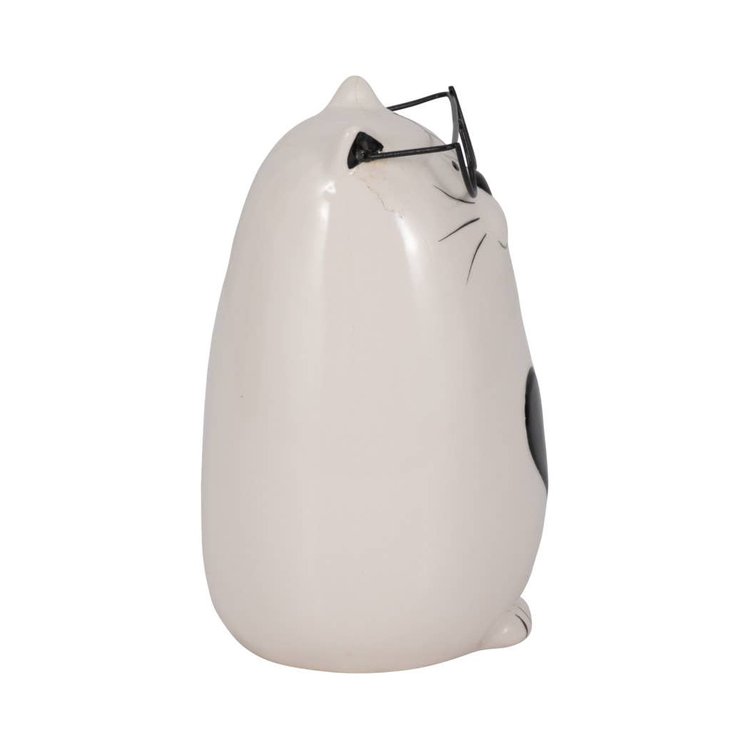 Figurine - White Ceramic Tummy Kitty with Glasses, 6 in.