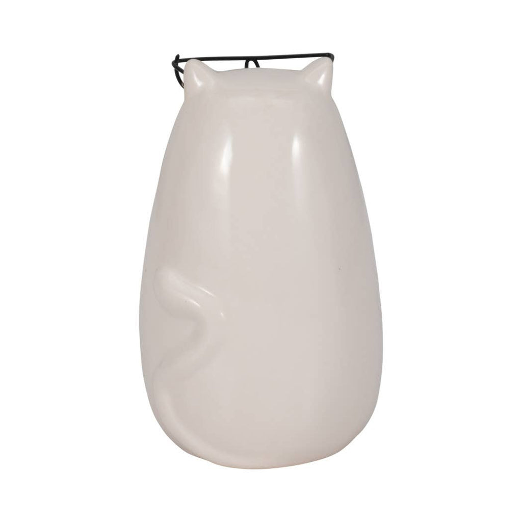 Figurine - White Ceramic Tummy Kitty with Glasses, 6 in.