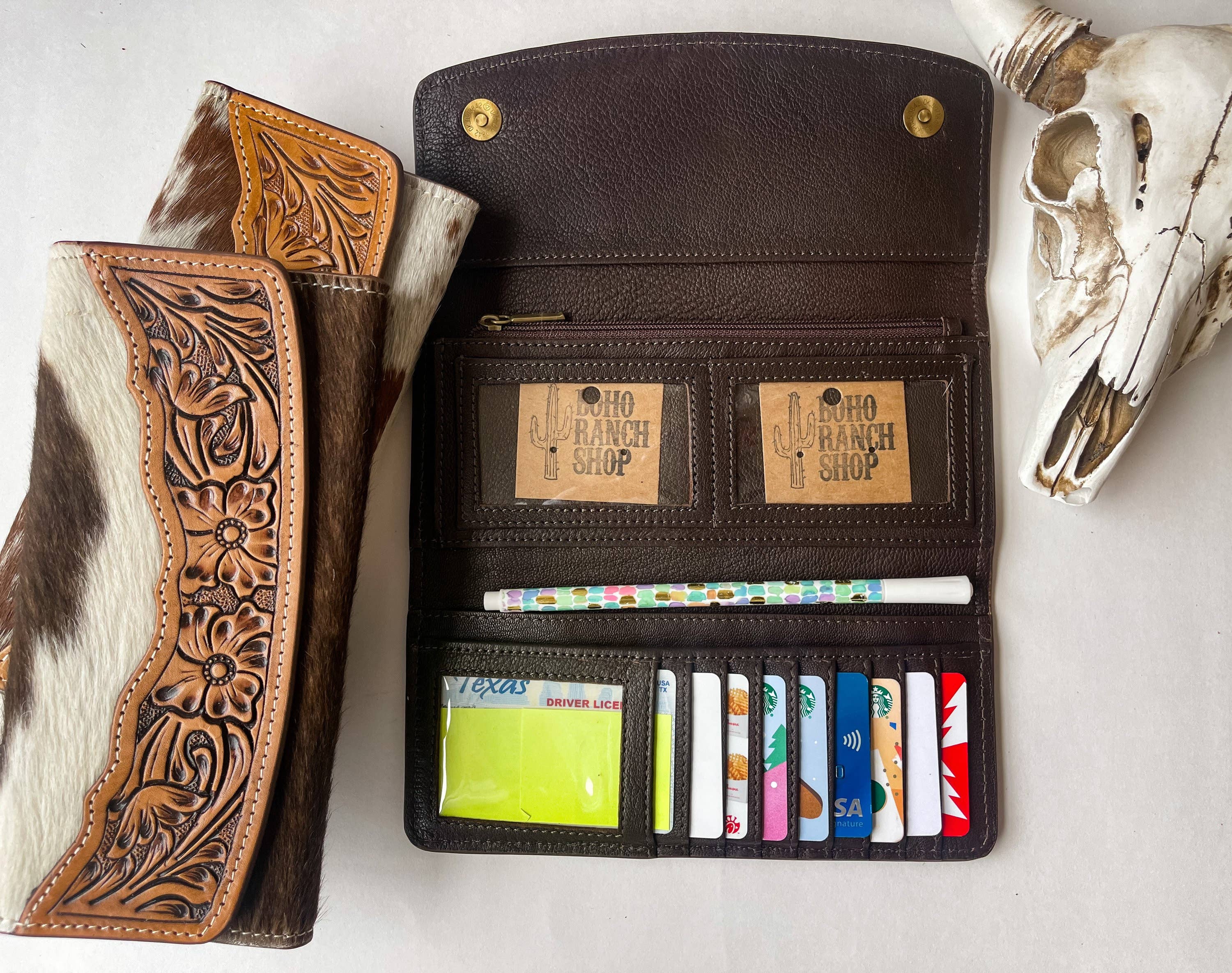 Tooled Leather Wallet Western Genuine Hand Tooled: TAN + WHITE COWHIDE