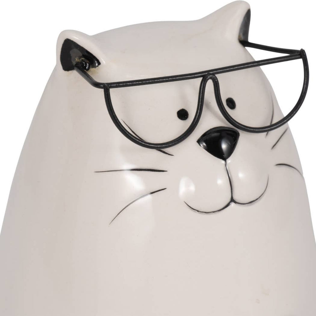 Figurine - White Ceramic Tummy Kitty with Glasses, 6 in.