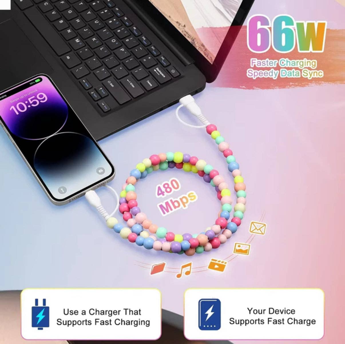 Cowboy Pearl & Turquoise Beaded 4-IN-1 Charging Cable