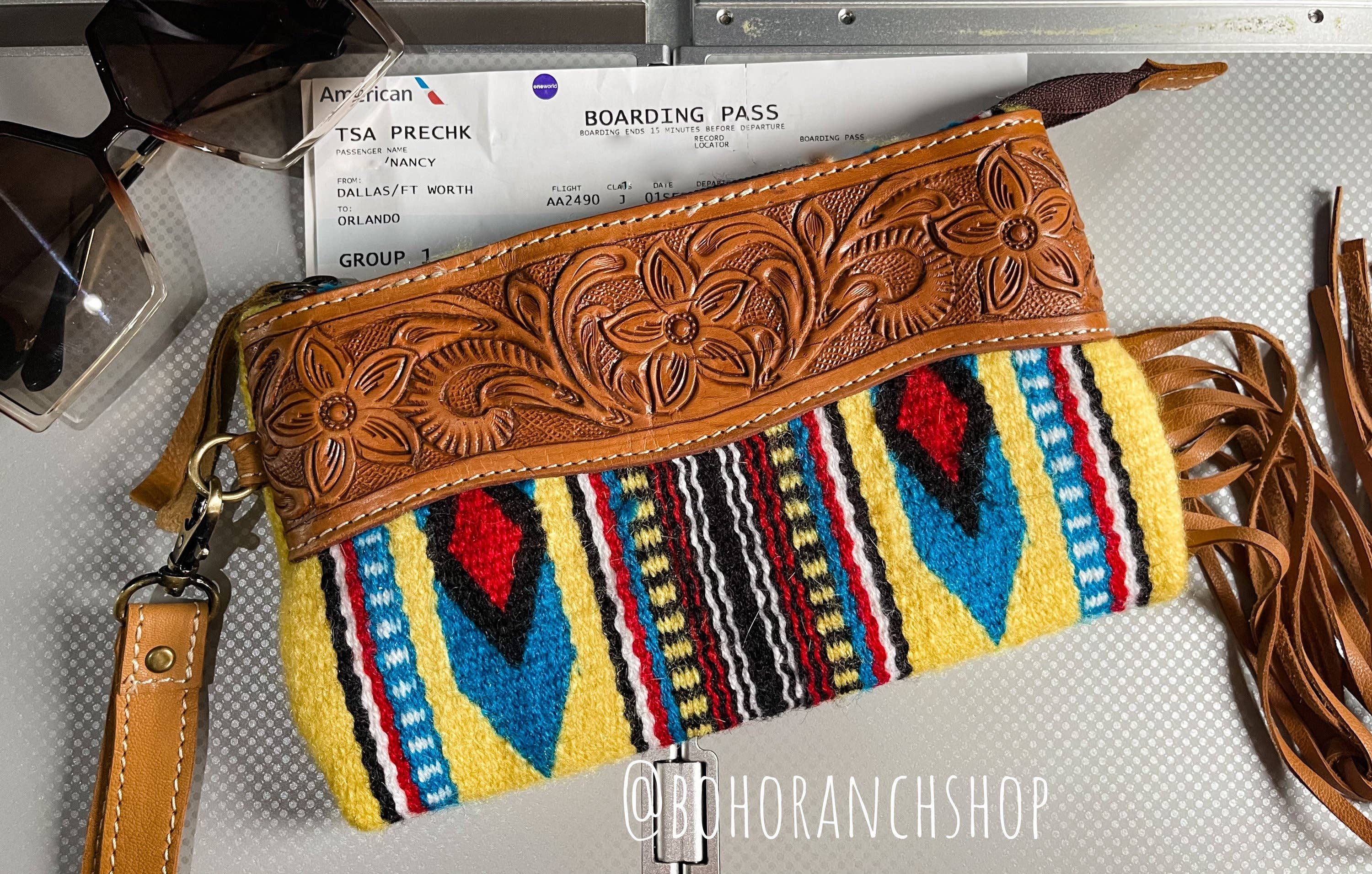 Western Aztec Tooled Leather Tassel Wristlet Purse: 4